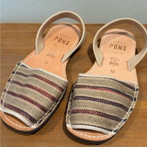 PONS Beige Striped Women’s Leather Sandals - Size 10